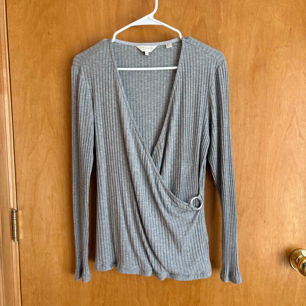 Ted Baker Starlai Wrap Top Women 4 Grey Ribbed Knit Long‎ Sleeve Ring Detail